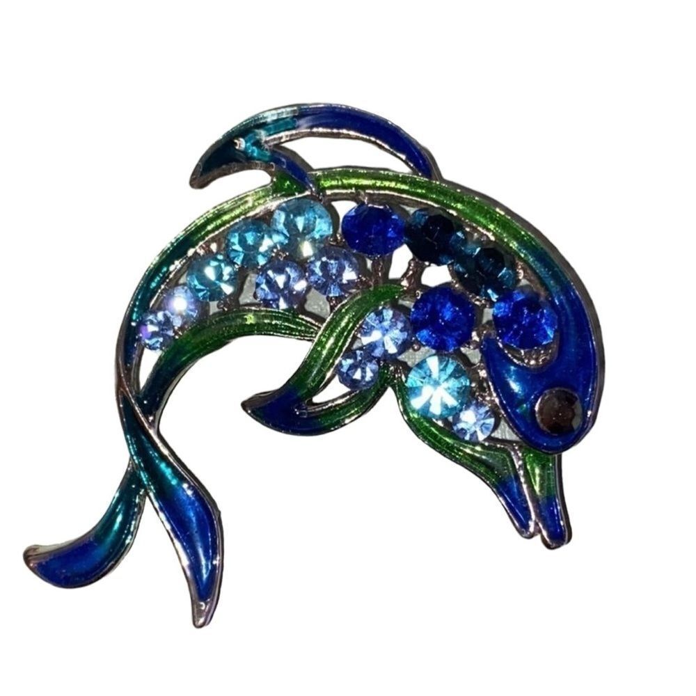 Blue Crystal Rhinestone and Enamel Dolphin Brooch Pin